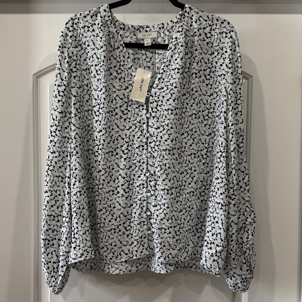 On 34th Black and White Dusty Aqua Floral Patterned Blouse